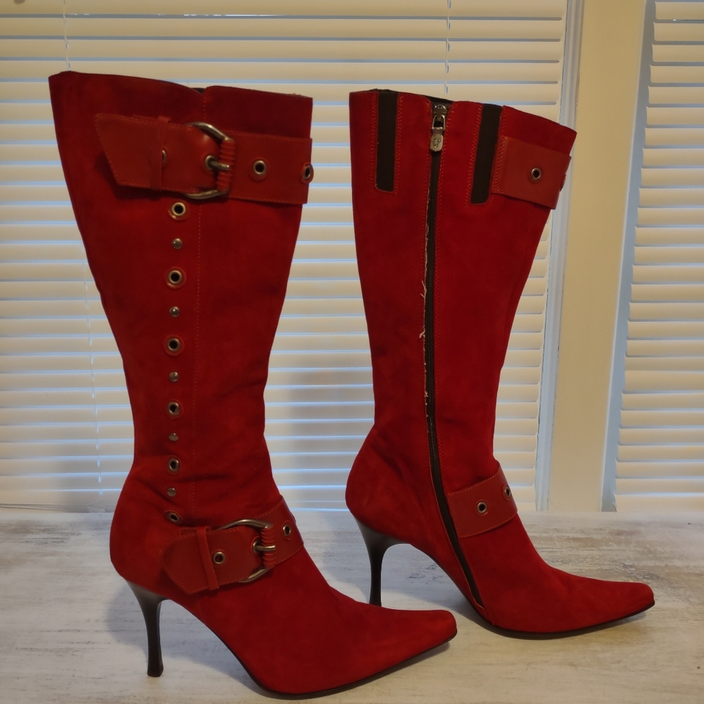 Women's size 9 Donald Pliner Red,leather strap, Suede tall boots